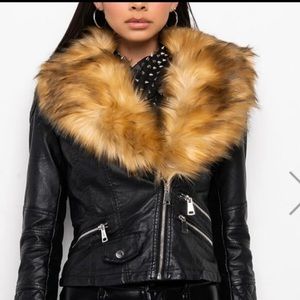 Black leather fur jacket